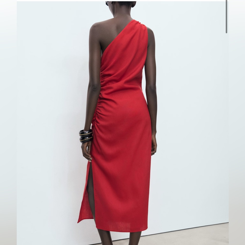 MANGO Elegant Red One-Shoulder Linen Dress - Picture 9 of 9